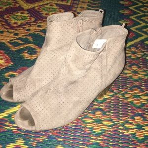 Tan faux suede open toe heels